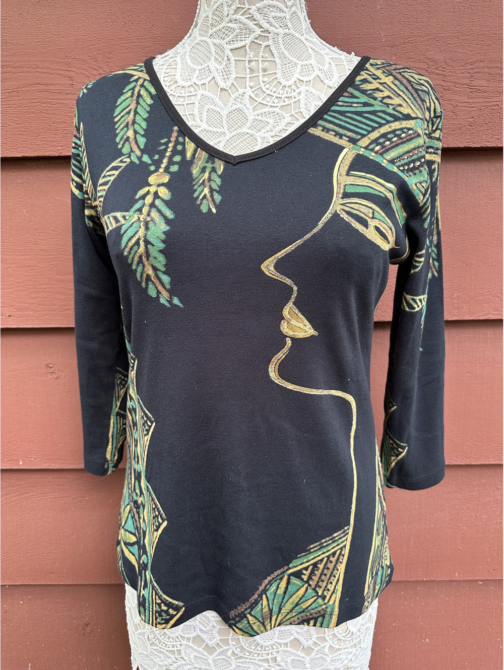 Marietta Artistic Profile Print V Neck Top Black Green Gold Y2K Bohemian‎